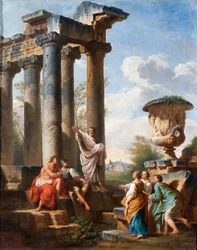 Capriccio met de prediking van een heilige, de Medici vaas, een verwoest tempel en de Piramide van Cestius, c.1745